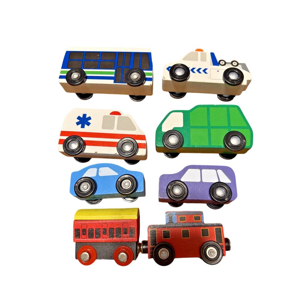 Melissa & Doug Lot of 8 Wooden Train and Emergency Vehicles Fits Brio IKEA Truck